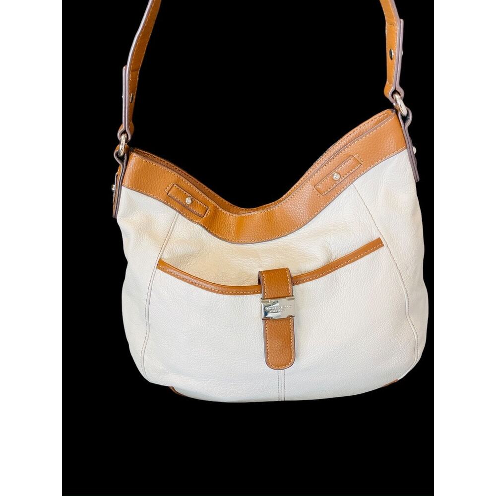 Tignanello Two Tone Soft Cream Leather Tan Trim Slouchy Hobo Shoulder Bag